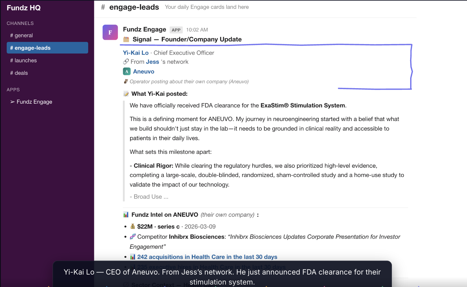 Screenshot of a Fundz Engage card in Slack