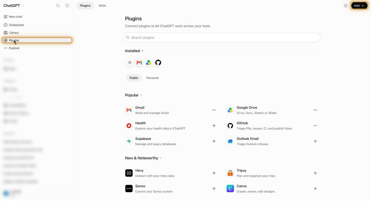 ChatGPT Plugins page with the Add button at the top right
