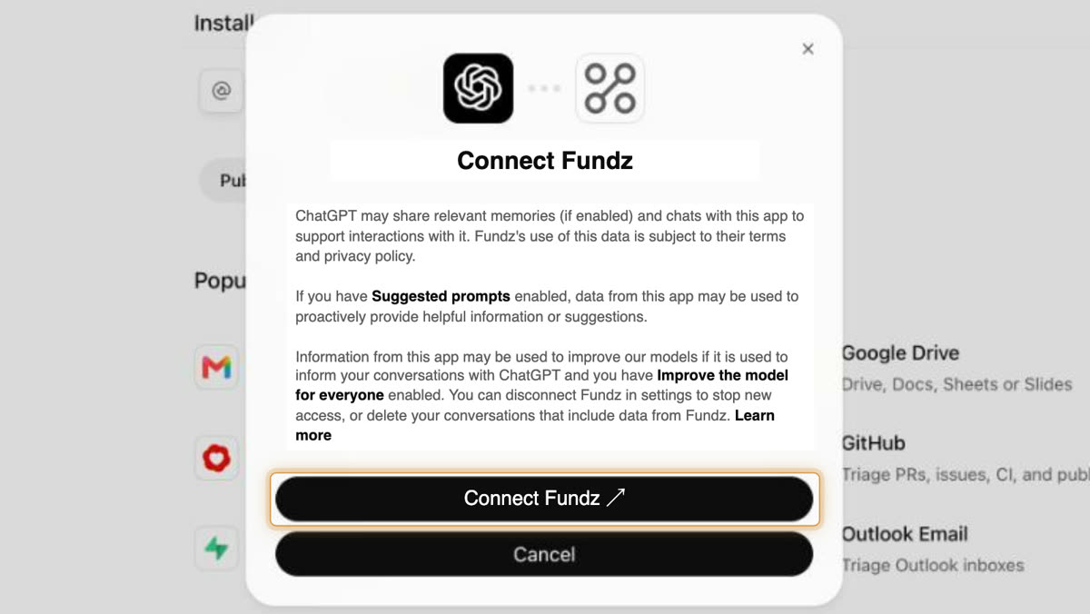 The Connect Fundz dialog