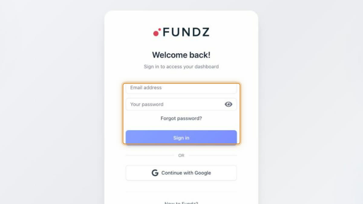 The Fundz sign-in page