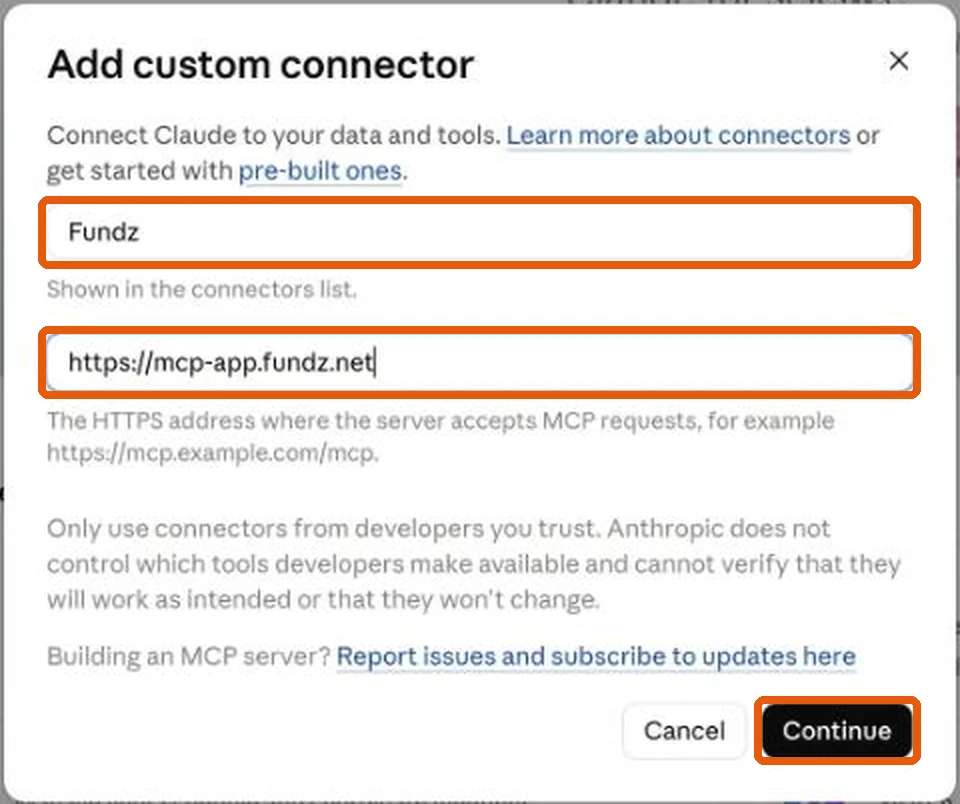 Name set to Fundz and MCP server URL set to https://mcp-app.fundz.net, then Continue