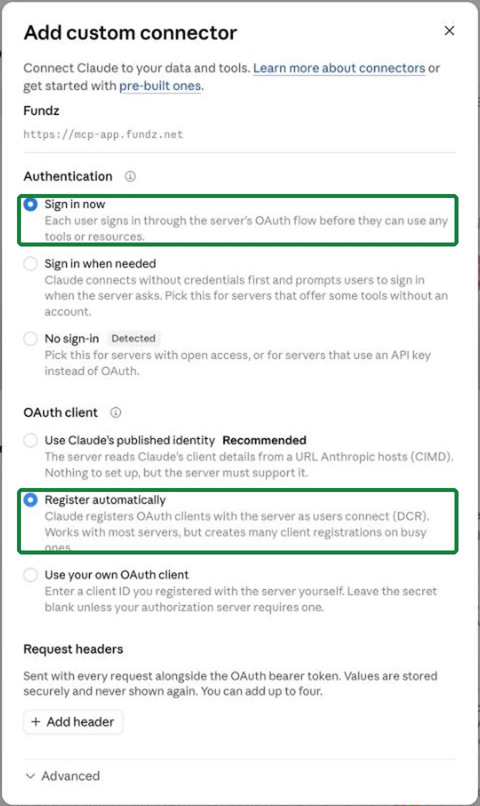 Sign in now selected under Authentication and Register automatically selected under OAuth client